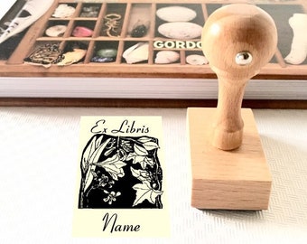 Può includere: Un timbro per libri in legno con un'illustrazione in bianco e nero di foglie e il testo "Ex Libris" e "Name". Il timbro è su una superficie bianca accanto a un libro intitolato "Cabinet of Curiosities".