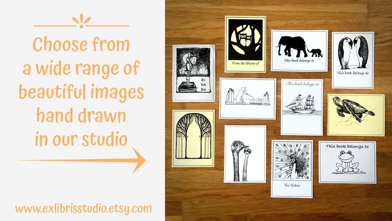 Puede incluir: Una colecci&oacute;n de 10 ex libris dibujados a mano con diversas ilustraciones, incluyendo un gato leyendo un libro, un barco, una tortuga, una rana, un pavo real, avestruces, ping&uuml;inos, un elefante, un b&uacute;ho y un &aacute;rbol. El texto "Este libro pertenece a" est&aacute; incluido en algunos de los ex libris.
