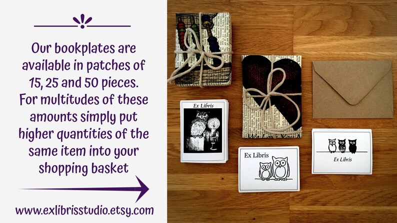 Pu&ograve; includere: Un set di ex libris con gufi, cuori e il testo "Ex Libris". Gli ex libris sono confezionati in carta marrone e legati con spago. Gli ex libris sono disponibili in confezioni da 15, 25 e 50 pezzi.