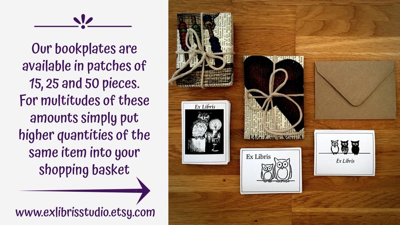 Puede incluir: Un conjunto de ex libris con dise&ntilde;os de b&uacute;hos y un coraz&oacute;n. Los ex libris est&aacute;n disponibles en paquetes de 15, 25 y 50 piezas. El texto "Ex Libris" est&aacute; impreso en cada ex libris.