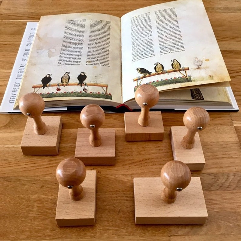Puede incluir: Seis sellos de madera con tapas redondas y bases cuadradas. Los sellos est&aacute;n dispuestos en c&iacute;rculo sobre una superficie de madera. Un libro con una ilustraci&oacute;n colorida de p&aacute;jaros est&aacute; abierto en el centro del c&iacute;rculo.