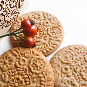 Folk flower wooden cookie stamp for baking scandinavian speculatius and gingerbread