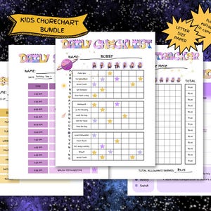 May include: A printable chore chart bundle for kids with a space theme. The charts are in purple, yellow, and white with stars and planets. The charts include a daily checklist, a weekly tracker, and a chore tracker. The text on the charts says "Kids Chorechart Bundle", "Daily Checklist", "Weekly Tracker", "Chore Tracker", "Name", "Bobby", "Total Allowance Earned: $9.75", and "Sarah".