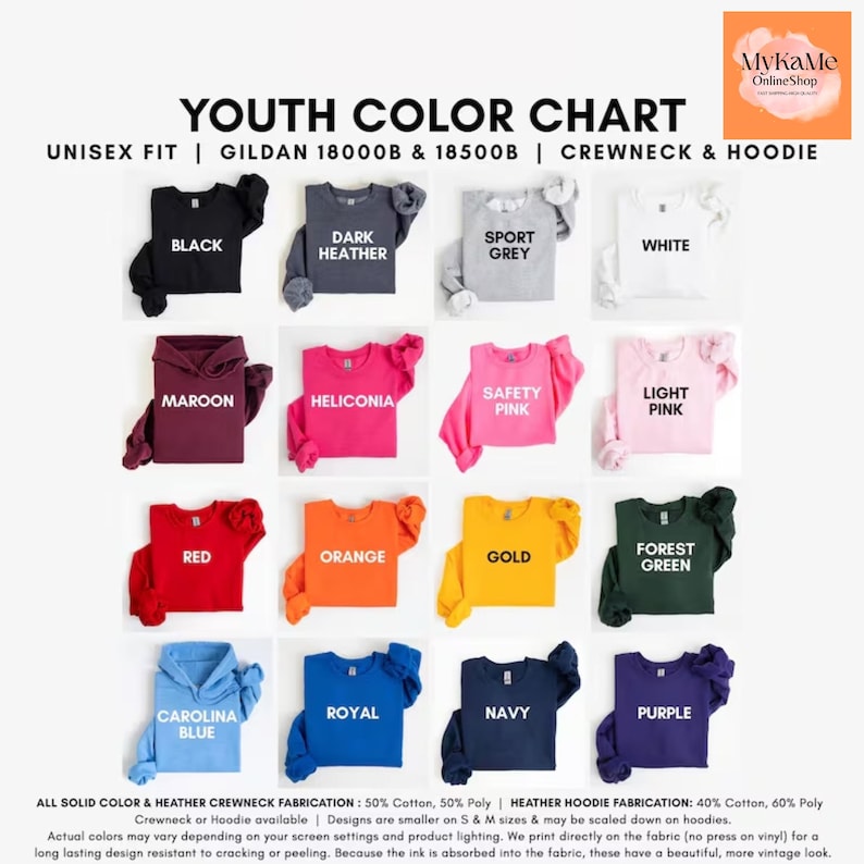 The image is a color chart for youth crew neck and hoodie clothing, displaying various color options such as black, dark grey, sport grey, white, maroon, helicolonia, safety pink, light pink, forest green, orange, gold, blue, royal, navy, and purple.