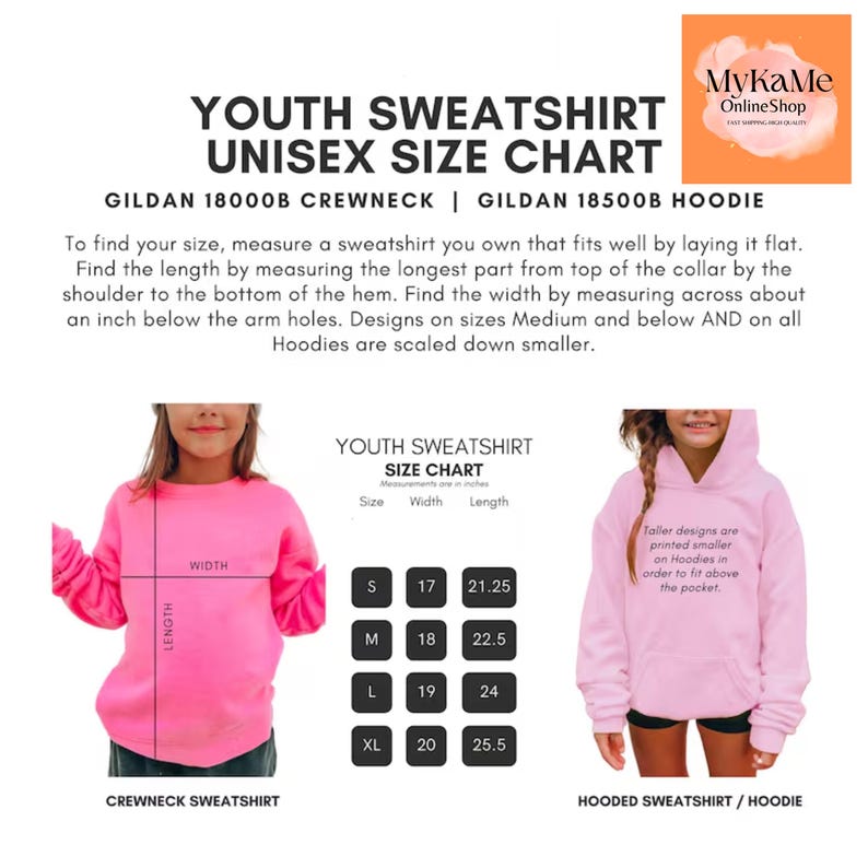 The image is a youth sweatshirt size chart for GILAN 1800B Crew necks and GILAN 1800B Hoodies. It provides measurements and corresponding sizes for both the crew neck and hooded sweatshirt styles.