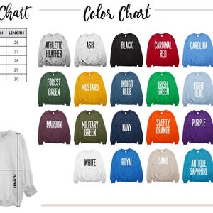 May include: A size and colour chart for sweatshirts. The size chart shows measurements in inches. The colour chart displays various sweatshirt colours, including black, red, green, and blue. The text "MyKaMe Online Shop" is in the upper right corner.