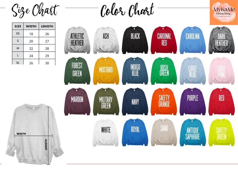 May include: A size and colour chart for sweatshirts. The size chart shows measurements in inches. The colour chart displays various sweatshirt colours, including black, red, green, and blue. The text "MyKaMe Online Shop" is in the upper right corner.