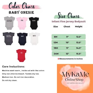 May include: A colour chart for baby onesies in various colours, including athletic heather, pink, black, heather dark grey, navy, white, and red. A size chart shows chest and height measurements in inches for sizes 6M to 24M. Care instructions are also provided.
