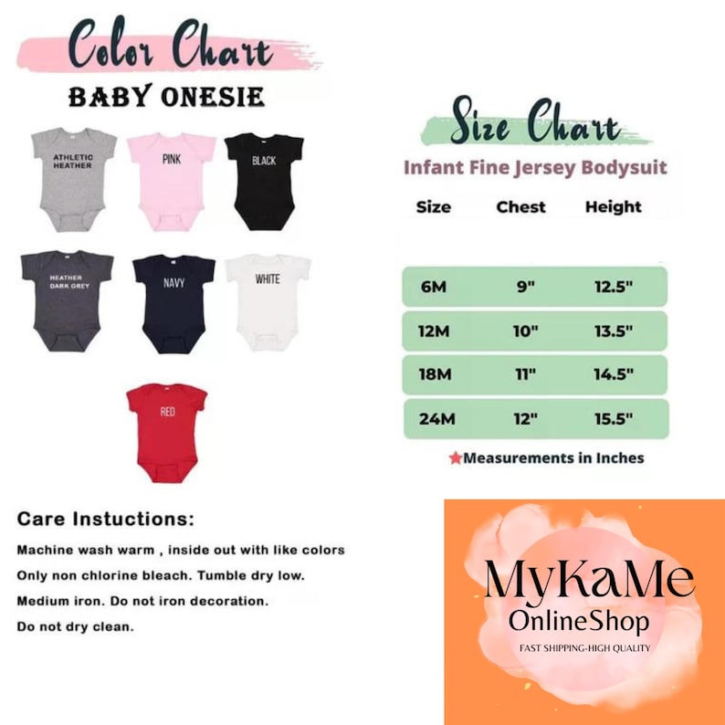 May include: A colour chart for baby onesies in various colours, including athletic heather, pink, black, heather dark grey, navy, white, and red. A size chart shows chest and height measurements in inches for sizes 6M to 24M. Care instructions are also provided.