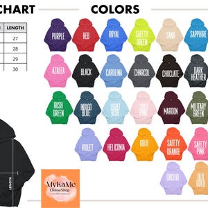 May include: Image of a selection of hooded sweatshirts in colours such as purple, red, and black. A size chart shows measurements in inches. The image also includes the text "COLOURS" and "SIZE CHART".