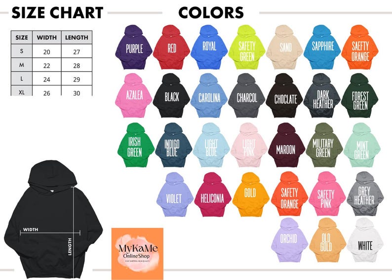May include: Image of a selection of hooded sweatshirts in colours such as purple, red, and black. A size chart shows measurements in inches. The image also includes the text "COLOURS" and "SIZE CHART".