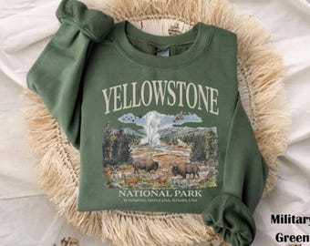 Yellowstone National Park Sweater Vinatge, Bison Geyser Mountain Landscape Illustration Graphic Shirt, National Park Bison Tee, Gift for Her