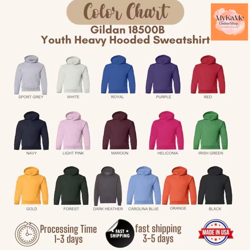 The image is a color chart for a youth heavy hooded sweatshirt, displaying various color options such as sport grey, white, royal purple, red, navy, light pink, maroon, helonica, Irish green, forest, dark heater, Carolina blue, orange, gold, forest, dark heater, Carolina blue, orange, black, and gold. The chart provides information about the processing time and shipping options for each color.