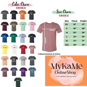 May include: A colour chart and size chart for unisex t-shirts. The colour chart displays various t-shirt colours, including black, navy, and red. The size chart shows chest and height measurements in inches, ranging from XS to 2XL.