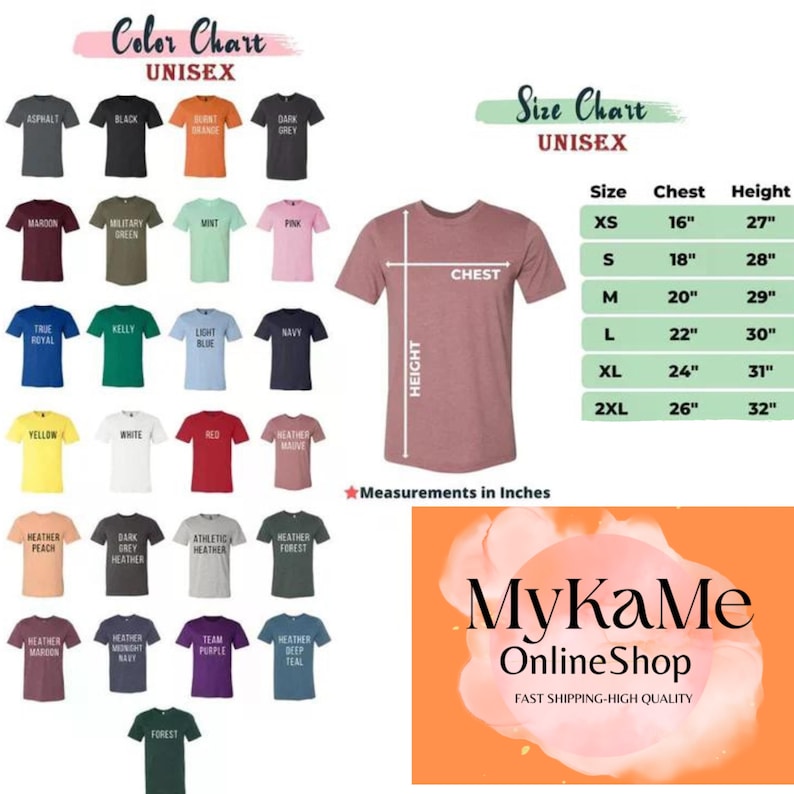 May include: A colour chart and size chart for unisex t-shirts. The colour chart displays various t-shirt colours, including black, navy, and red. The size chart shows chest and height measurements in inches, ranging from XS to 2XL.