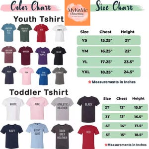 May include: Colour chart for youth and toddler t-shirts. Includes colours like red, white, black, navy, and pink. Size charts show chest and height measurements in inches for each size, from YS to YXL and 2T to 5T. 1 inch = 2.54 cm.