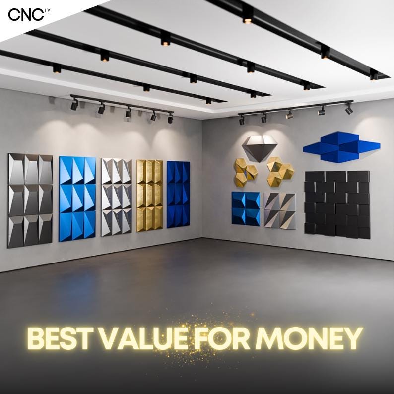 May include: A display of geometric wall panels in various colors, including silver, blue, gold, and black. The panels are arranged on a gray wall in a showroom setting. The text "BEST VALUE FOR MONEY" is displayed at the bottom of the image.