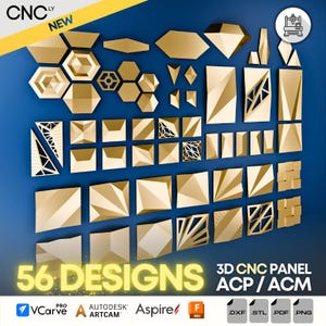 May include: A collection of 56 gold-colored 3D CNC panel designs in various geometric shapes, including squares, hexagons, and diamonds, against a blue background. The image includes the text "56 DESIGNS" and "3D CNC PANEL ACP/ACM".