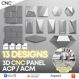 Op de afbeelding: Een verzameling van 13 grijze 3D CNC paneelontwerpen in verschillende geometrische vormen. De afbeelding bevat de tekst "13 DESIGNS 3D CNC PANEL ACP / ACM" en bestandstype-pictogrammen. Een CNC-router is afgebeeld.