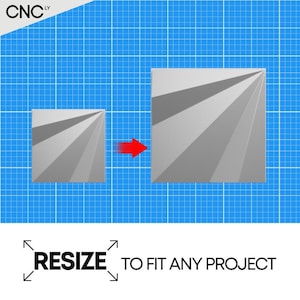 May include: Image showing a resizing concept with two gray square designs with radiating lines. A red arrow indicates the resizing process. The text "RESIZE TO FIT ANY PROJECT" is also present, along with the logo "CNCLY".