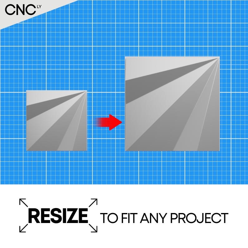 May include: Image showing a resizing concept with two gray square designs with radiating lines. A red arrow indicates the resizing process. The text "RESIZE TO FIT ANY PROJECT" is also present, along with the logo "CNCLY".