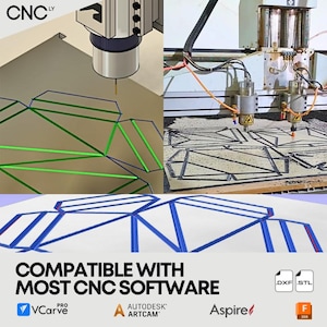 May include: Image of a CNC machine in operation, cutting geometric shapes. The image includes the text "COMPATIBLE WITH MOST CNC SOFTWARE" and logos for VCarve, Autodesk Artcam, and Aspire software. The image also shows DXF and STL file type icons.