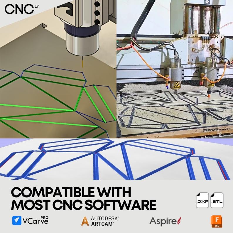 May include: Image of a CNC machine in operation, cutting geometric shapes. The image includes the text "COMPATIBLE WITH MOST CNC SOFTWARE" and logos for VCarve, Autodesk Artcam, and Aspire software. The image also shows DXF and STL file type icons.