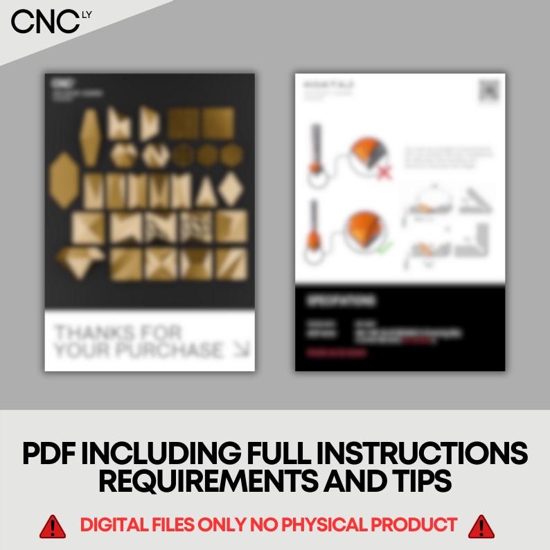 May include: Two digital product mockups with instructions and tips. One features gold shapes on a black background, the other shows diagrams. Text includes "THANKS FOR YOUR PURCHASE" and "DIGITAL FILES ONLY NO PHYSICAL PRODUCT".