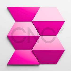 May include: A geometric design featuring six pink and magenta hexagonal tiles arranged on a white background. The tiles are divided into two color tones, creating a modern, abstract pattern. The text "CNCLY" is visible across the image.