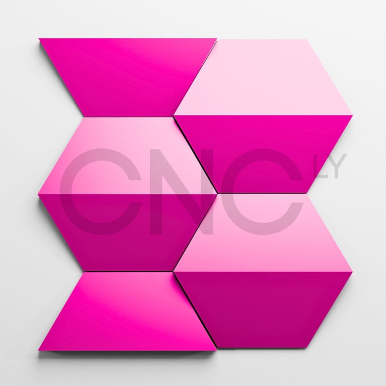 May include: A geometric design featuring six pink and magenta hexagonal tiles arranged on a white background. The tiles are divided into two color tones, creating a modern, abstract pattern. The text "CNCLY" is visible across the image.