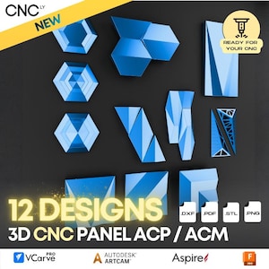 May include: A collection of twelve blue 3D CNC panel designs in various geometric shapes. The image includes file format icons and the text "3D CNC PANEL ACP/ACM". The image also includes the text "READY FOR YOUR CNC".