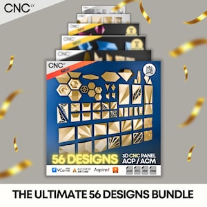 May include: A stack of design bundles featuring 56 geometric designs for 3D CNC panels. The designs are gold-colored and arranged on a blue background. The text "56 DESIGNS" is prominently displayed, along with software logos and the phrase "THE ULTIMATE 56 DESIGNS BUNDLE."
