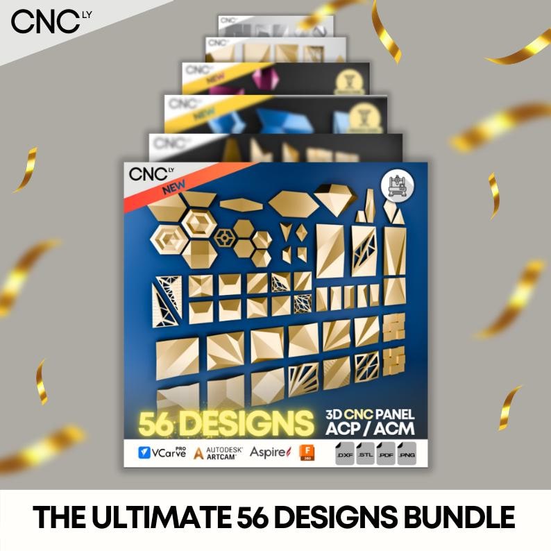May include: A stack of design bundles featuring 56 geometric designs for 3D CNC panels. The designs are gold-colored and arranged on a blue background. The text "56 DESIGNS" is prominently displayed, along with software logos and the phrase "THE ULTIMATE 56 DESIGNS BUNDLE."