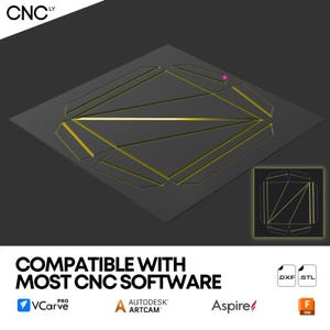 May include: A dark gray geometric design with gold accents, possibly for CNC projects, is displayed on a dark gray surface. The text "COMPATIBLE WITH MOST CNC SOFTWARE" is visible, along with software logos and file type icons.
