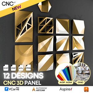 May include: A display of 12 gold and white CNC 3D panel designs, featuring geometric shapes and patterns. The image shows file formats including DXF, PDF, STL, and PNG. The text "CNC 3D PANEL" is prominently displayed.