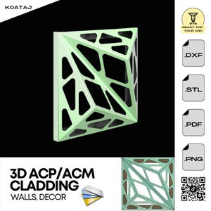May include: A geometric, light green 3D wall panel with a complex, open design. The panel is square-shaped and features a network of interconnected shapes. The image also includes text that reads "3D ACP/ACM CLADDING WALLS, DECOR."