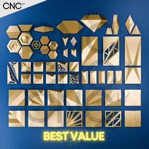 May include: A collection of geometric shapes in varying sizes and designs, in shades of gold. The shapes include hexagons, diamonds, rectangles, and triangles. The text "BEST VALUE" is displayed in a glowing yellow font at the bottom of the image.