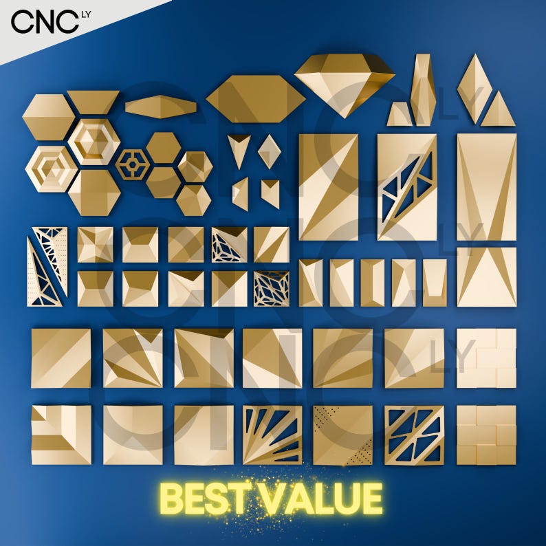 May include: A collection of geometric shapes in varying sizes and designs, in shades of gold. The shapes include hexagons, diamonds, rectangles, and triangles. The text "BEST VALUE" is displayed in a glowing yellow font at the bottom of the image.