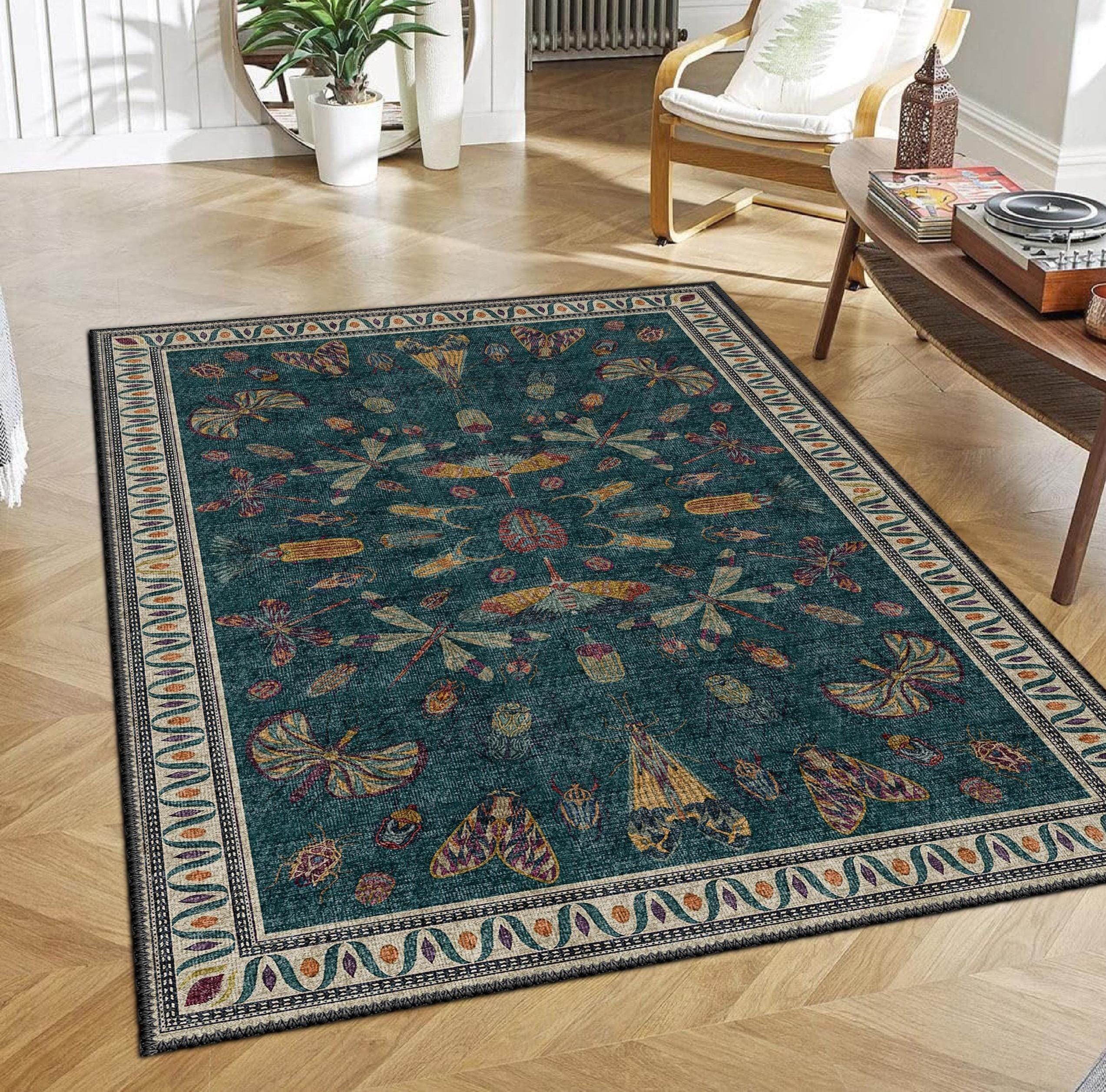 Teal Eclectic Rug, Artistic Insect Medallion Rug, Boho and Nature Carpet, Perfect for Modern Homes, Butterflies Dragonflies and Beetles