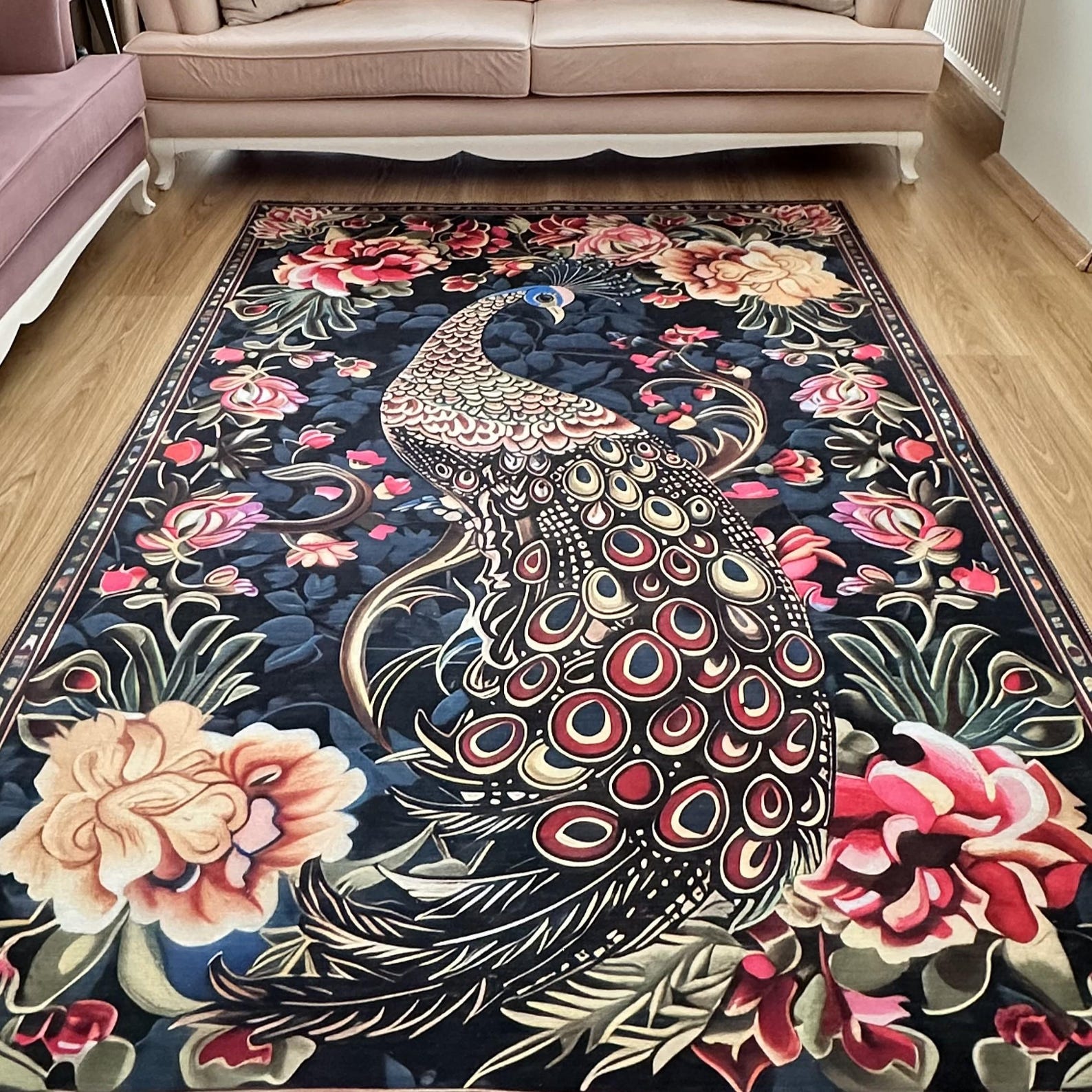 Navy Peacock Floral Area Rug, Peacock Bird Rug With Pink Roses - Etsy