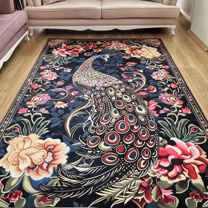 Navy Peacock Floral Area Rug, Peacock Bird Rug With Pink Roses - Etsy