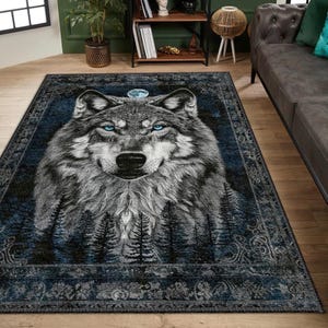 Mystical Wolf Area Rug, Detailed Forest and Wolf Print Carpet for Cozy Rustic Decor, Animal Portrait Carpet, Perfect for Living Room