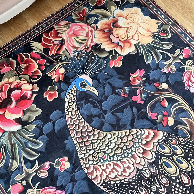 Navy Peacock Floral Area Rug, Peacock Bird Rug With Pink Roses - Etsy