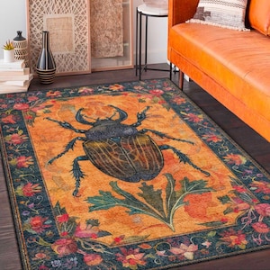Artistic Beetle Rug with Botanical Pattern, Modern Eclectic Accent Rug, Cozy Rug for Living Room or Bedroom Decor,  Unique Floor Art  Carpet