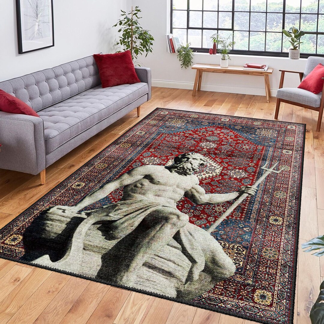 Artistic Poseidon Rug, Greek God Inspired Red Persian Style Carpet for ...