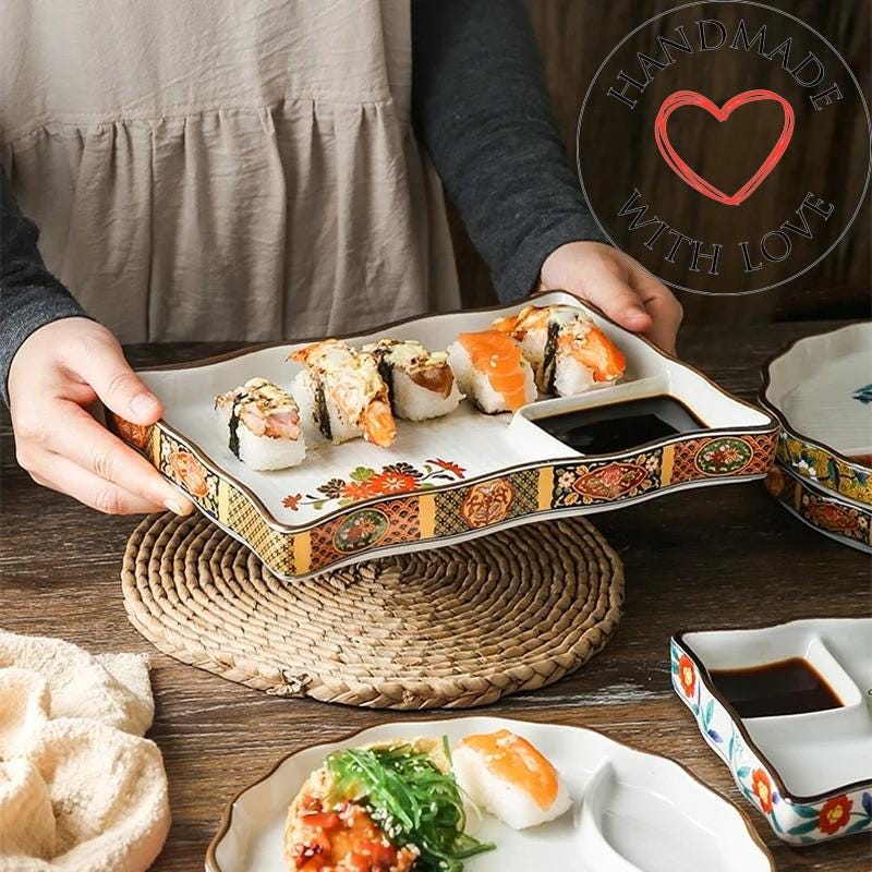 FELTECHELECTR Divided Sauce Plate Ceramic Dipping Dish Snack Serving Container Party Decorative Plate