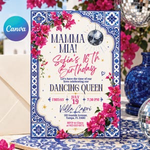 Mamma Mia Birthday Invitation Editable Canva Template, Disco Dancing Queen Party Invite, Blue Tile Italian Inspired Sweet 17 Celebration