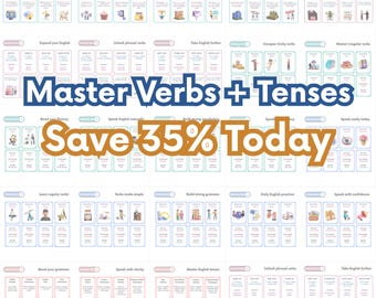 Paquete de tarjetas didácticas de inglés como segundo idioma: Tiempos verbales, verbos regulares e irregulares y verbos frasales (PDF imprimible)