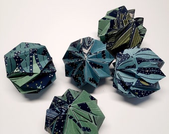 Green and blue abstract modern paper folded Christmas baubles - set of 2