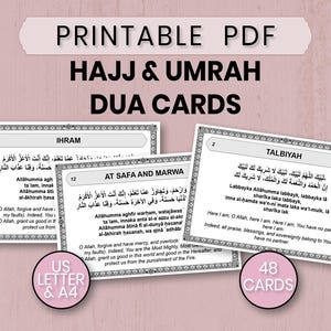 Karty Dua do druku, karty do druku Hajj Dua, fiszki Hajj, karty modlitewne, islamskie Dua, karty przypomnienia Dua, minimalistyczny plik PDF